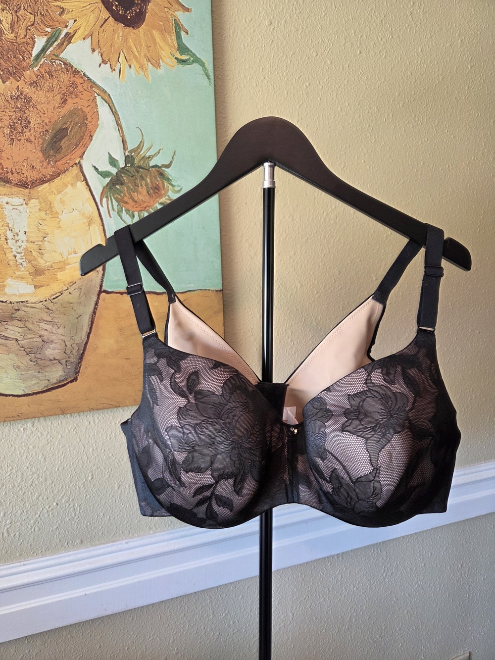 Cacique Black Floral Lace Underwire Bra with Nude Lining